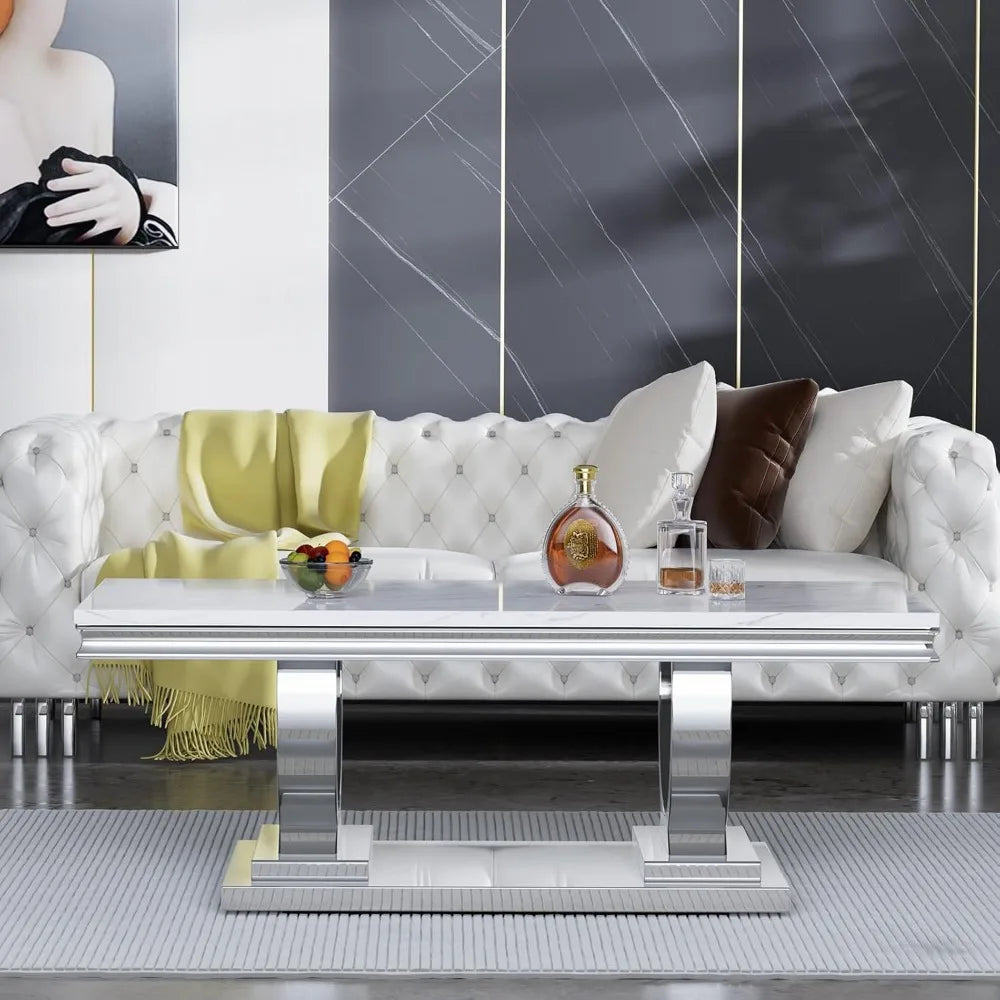 47" Rectangular Coffee Table, Modern White Faux Marble Cocktail Table, with Silver Mirrored Finish U-Shape Stainless Steel Base