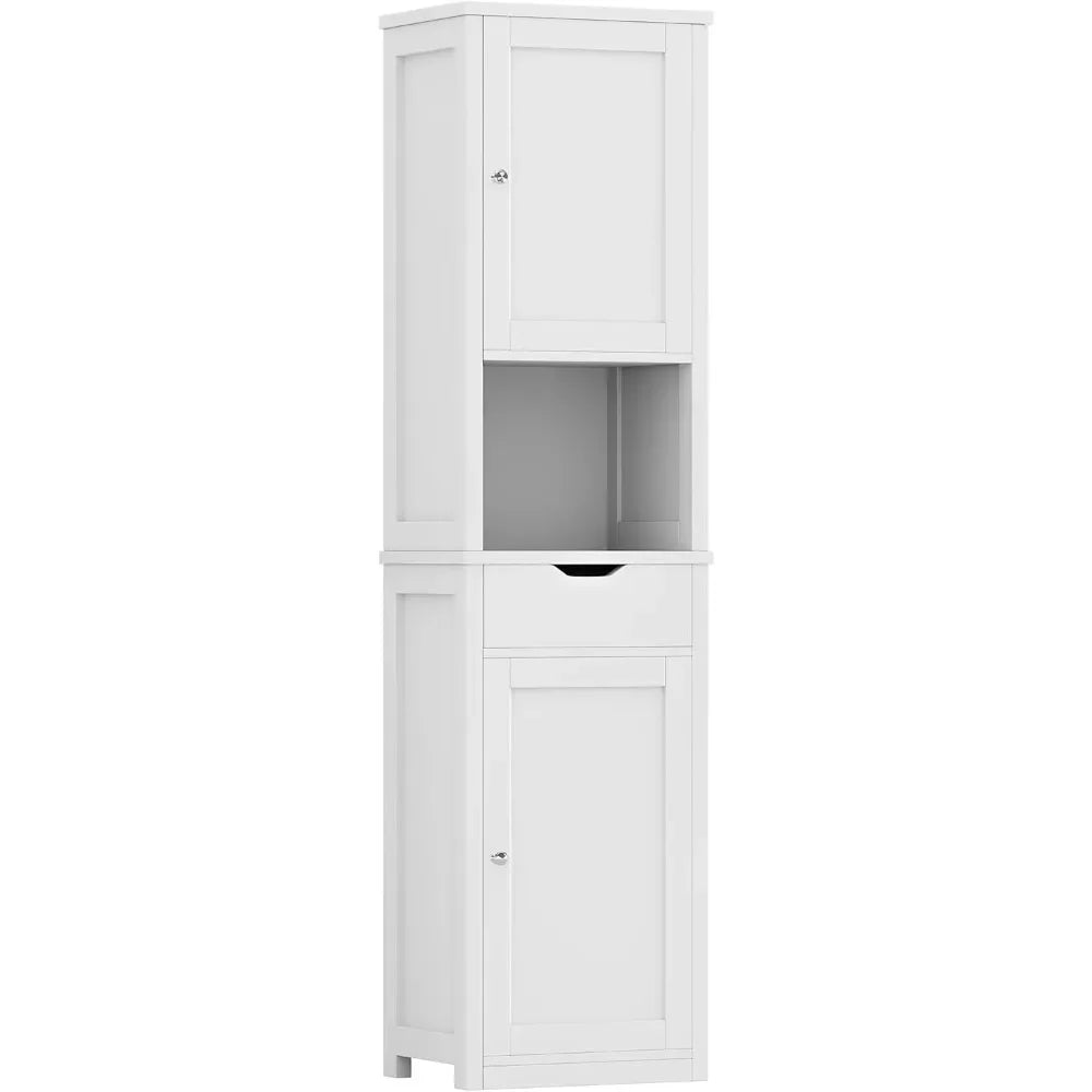 Bathroom Storage Cabinet, Slim Corner Floor Cabinet with Doors and Drawer, Freestanding Narrow Organizer with Adjustable Shelves