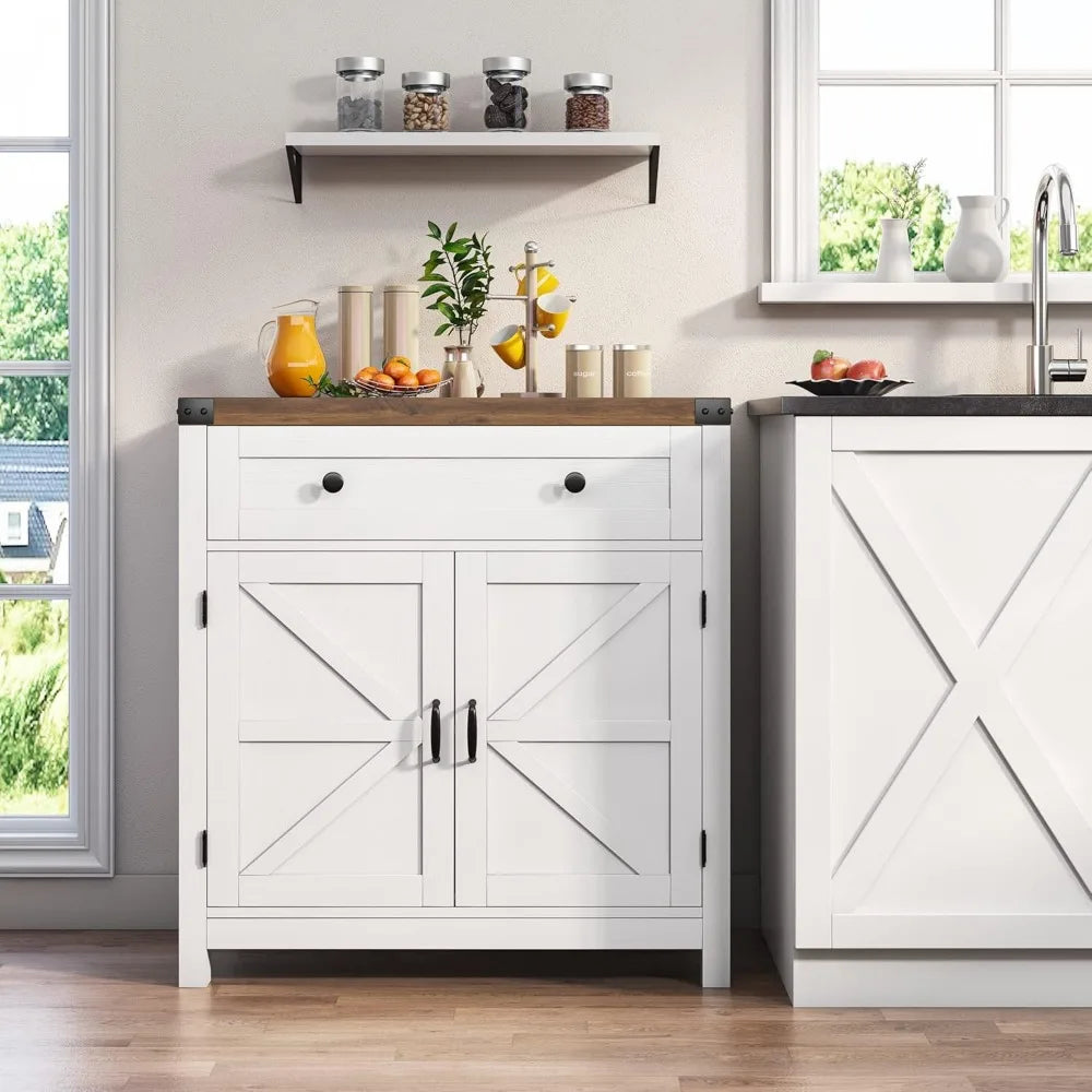 Modern Farmhouse Buffet Sideboard with Drawer and Adjustable Shelf, Barn Door Storage Cabinet forBathroom, Entryway