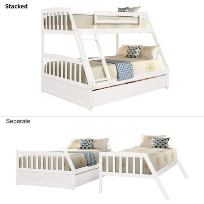 Solid Wood Twin Over Full Bunk Bed with Two Storage Drawer,Convertible to 2 Separated beds (White) bunk beds for kids