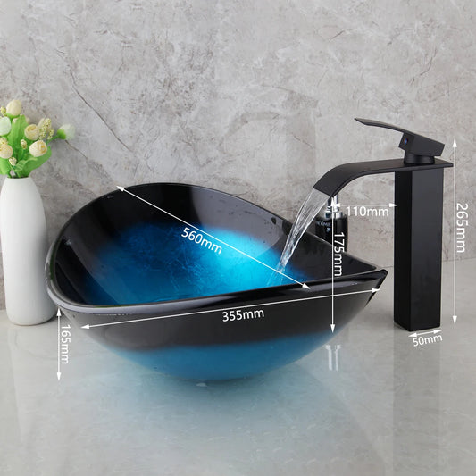 KEMAIDI Bathroom Sink Tempered Glass Washbasin Vessel Sink Waterfall Faucets Combo  Black Bathroom Basin Faucet Tap Set