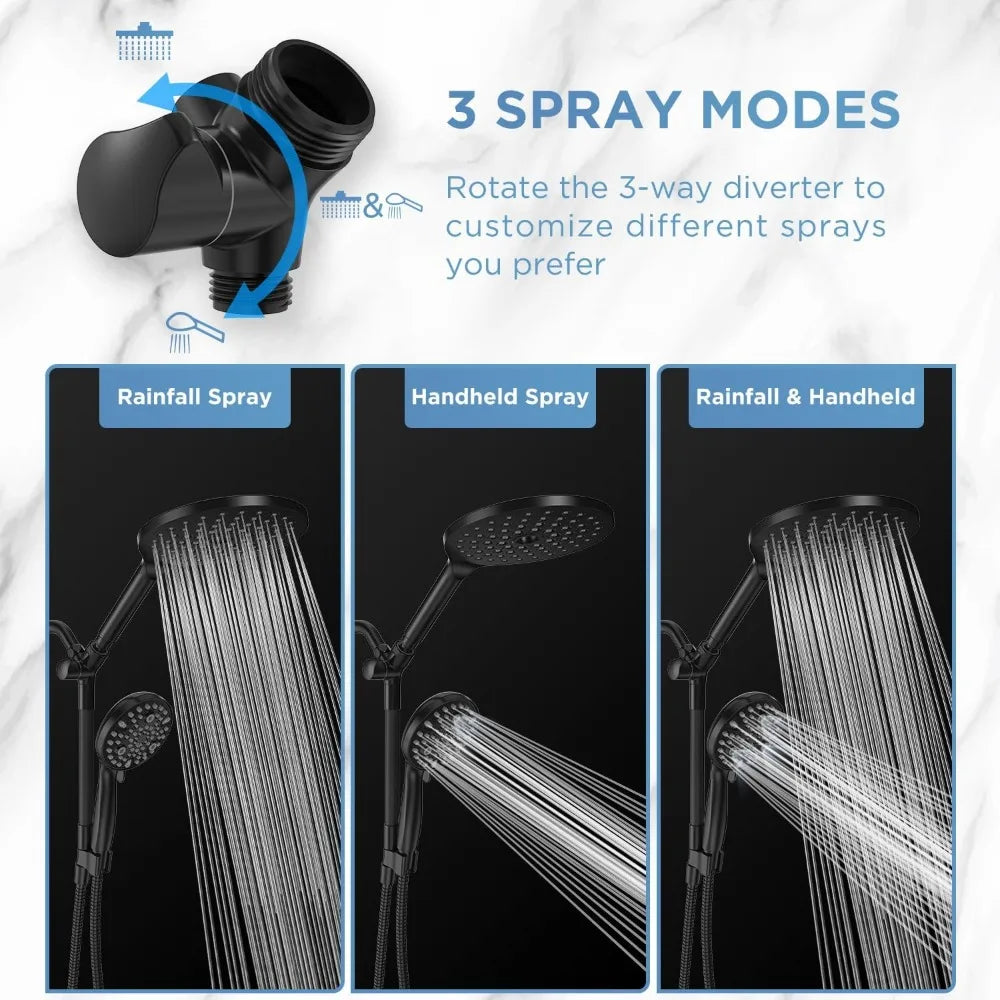 Dual Handheld Shower Head Combo,2-in-1 Rain Shower Heads System 8 Inch Rainfall Shower Head and 10 Modes High Pressure Hand Held