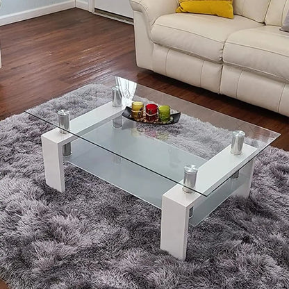 Rectangler Center Table with LED Lights2-Tier Tea Table Modern Side Coffee Table for Living Room