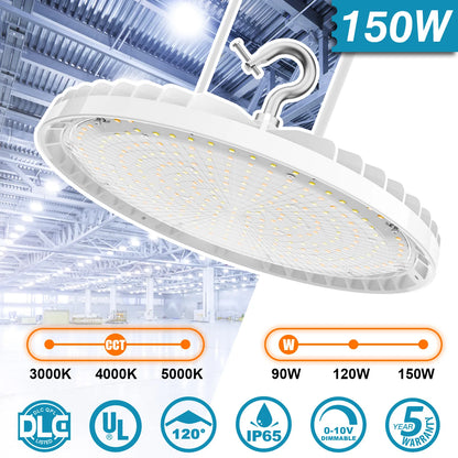 150W UFO LED High Bay Lights CCT Wattage Tunable IP65 Warehouse Shop Fixture UL DLC Listed