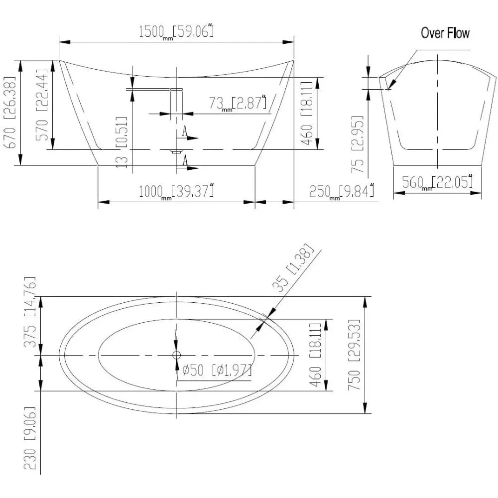 Bathtub, 59-inch, Acrylic Freestanding, Deep Soaking Tub with Overflow and Drain, Spa Tubs, Freestanding Tub