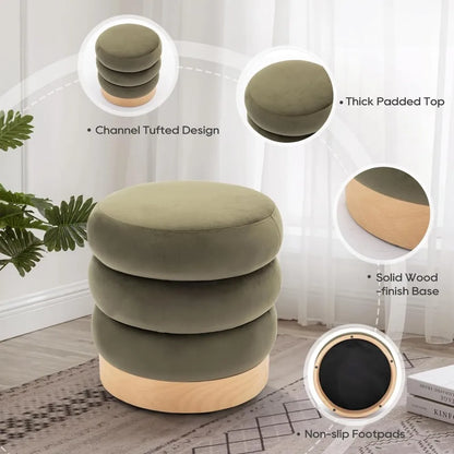 Velvet Ottoman Footstool, Tufted Modern Foot Rest Stool with Wood Base for Living Room, Bedroom, Desk, Round Versatile Side End