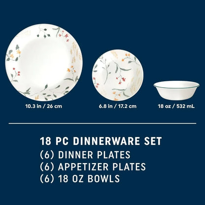 18 Piece Glass Dinnerware Sets, Service for 6, Triple Layer Chip & Crack Resistant Glass Plate and Bowl Sets