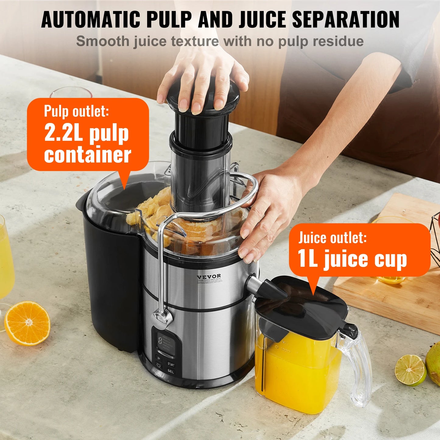 VEVOR Juicer Machine 850W Motor Centrifugal Juice Extractor Easy Clean Centrifugal Big Mouth Large for Fruits and Vegetables